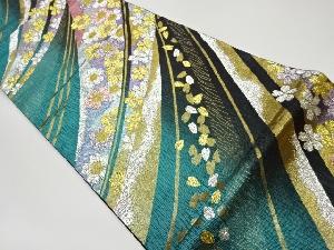 リサイクル　紙布曲線に桜尽くし模様織出し振袖用袋帯